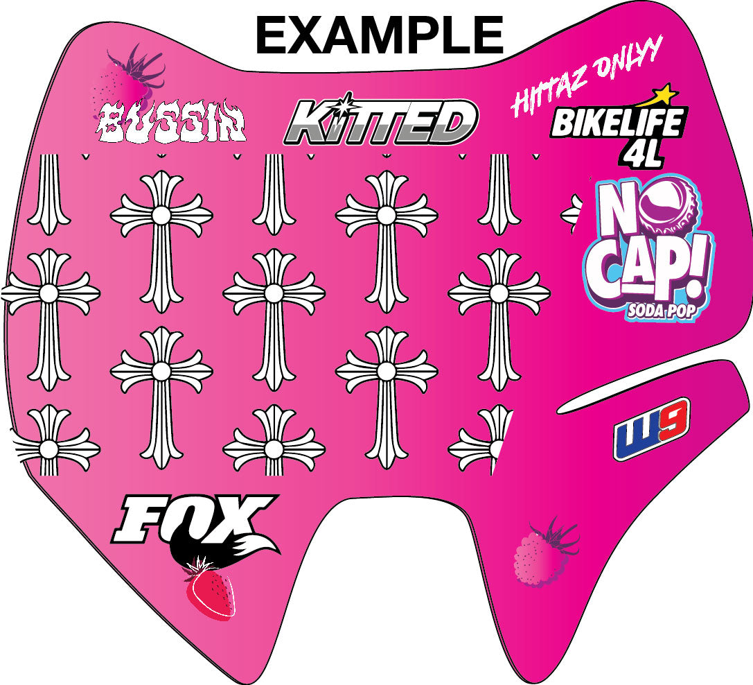 Pink decal with various brand logos and designs on a white background