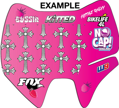 Pink decal with various brand logos and designs on a white background