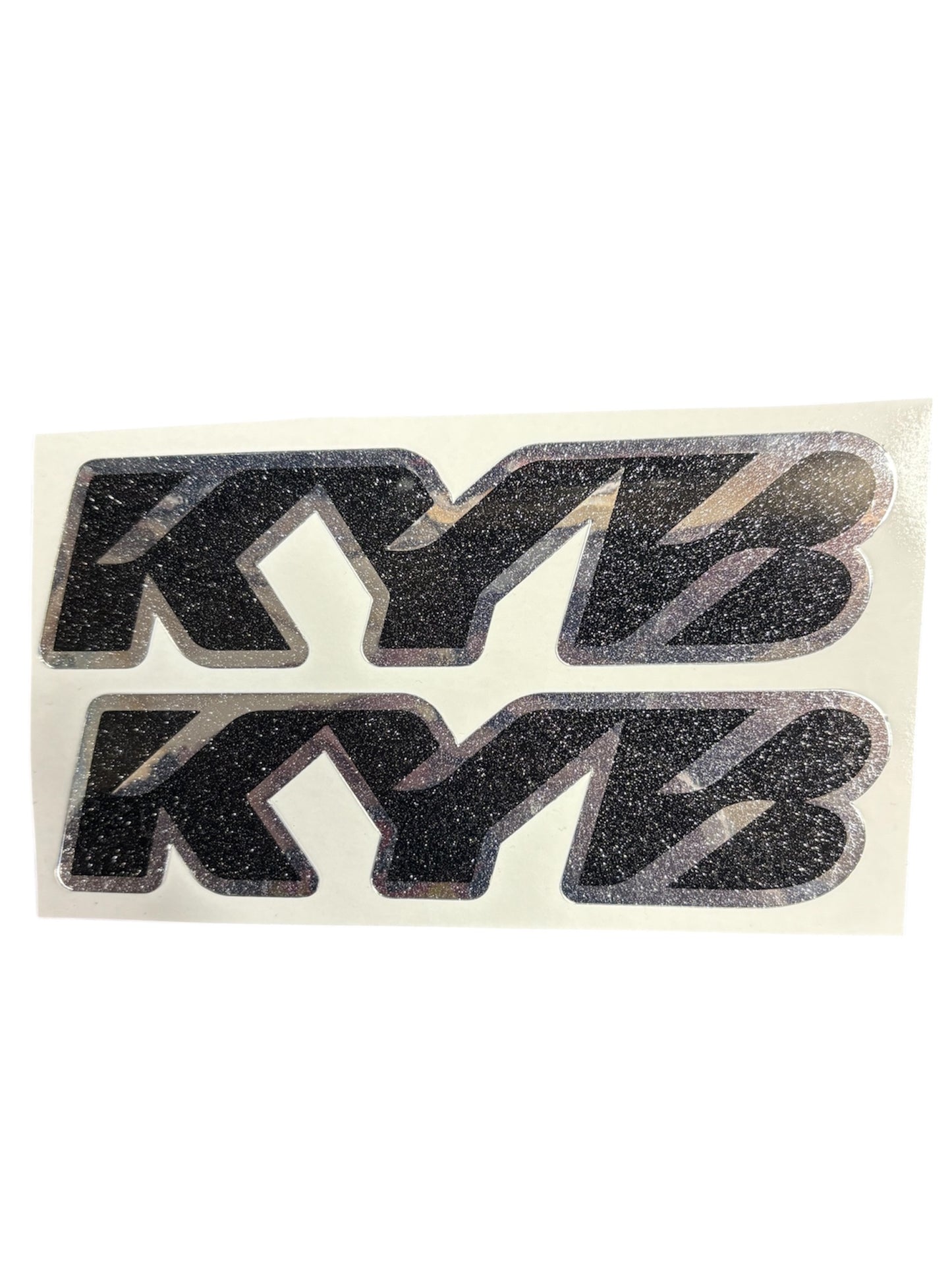 Two KYB logo stickers on a white background
