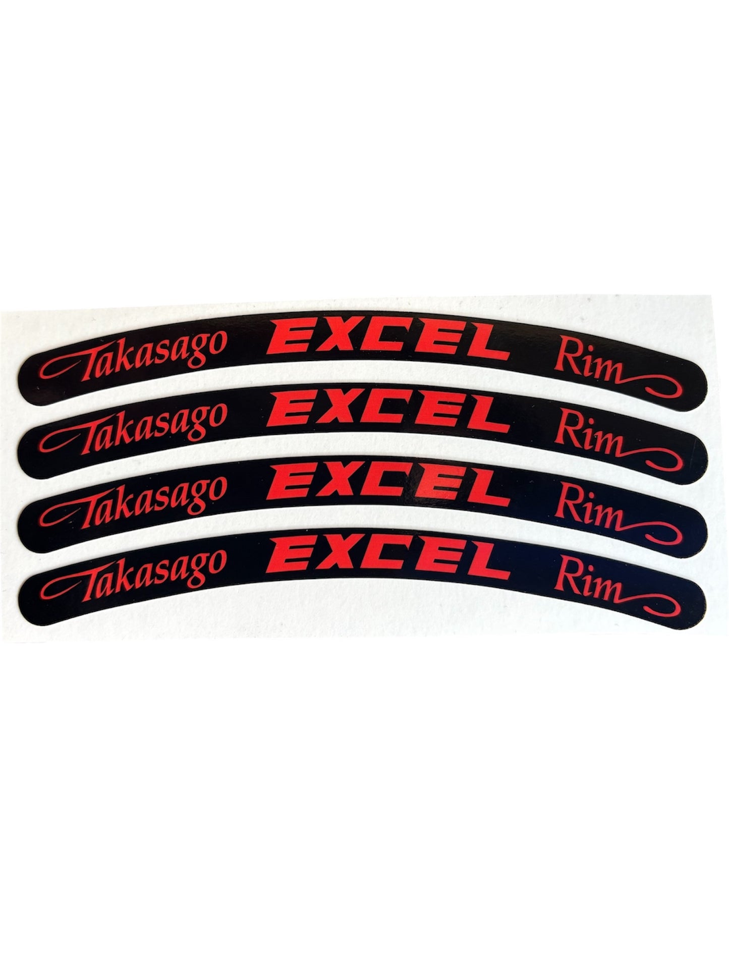 Set of five black and red rim decals with 'Takasago Excel Rim' text on a white background