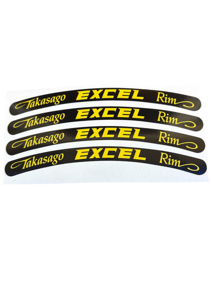 Set of five black and yellow rim decals with 'Takasago Excel Rim' text on a white background