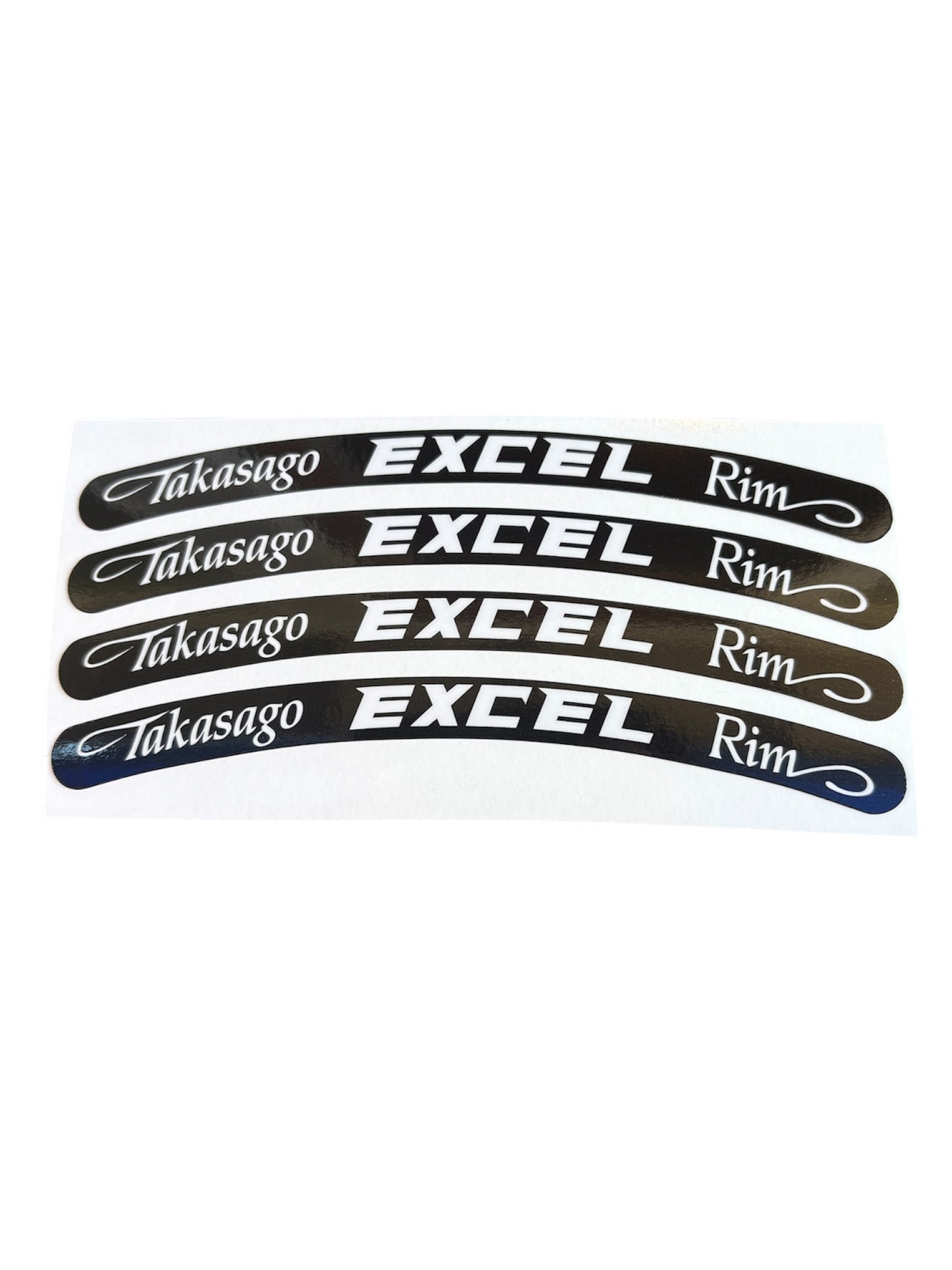 Set of five black and white rim decals with 'Takasago Excel Rim' text on a white background