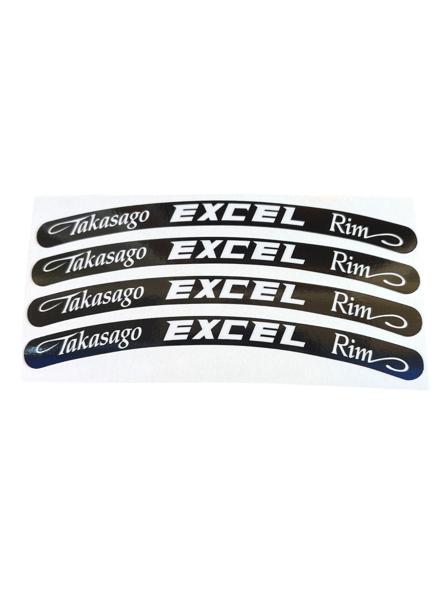 Set of five black and white rim decals with 'Takasago Excel Rim' text on a white background