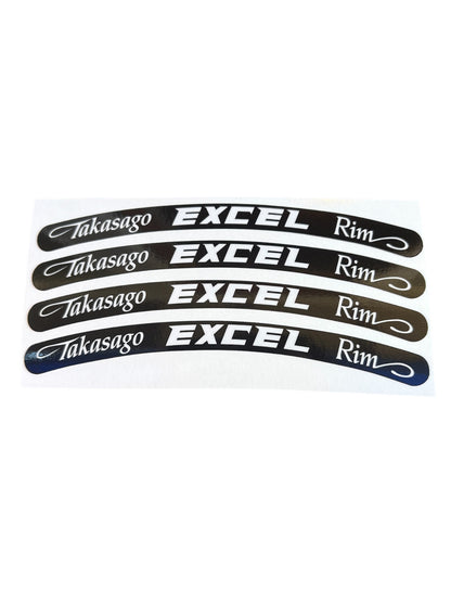 Set of five black and white rim decals with 'Takasago Excel Rim' text on a white background